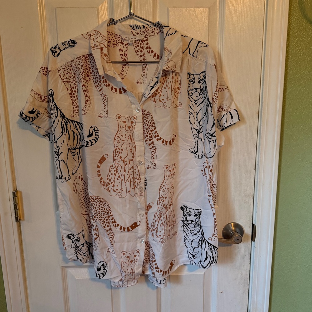 Jane and Delancey Brown and White Patterned Blouse